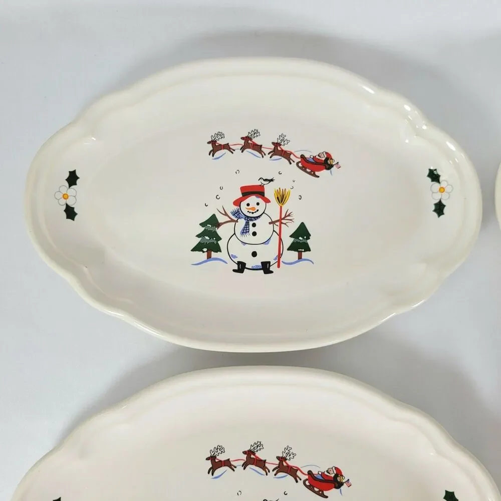 Pfaltzgraff Snow Village Relish Oval Dish Plate Vtg Christmas Snowman Set of 6